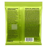 The backside of a green pack of Ernie Ball guitar strings with product details on a white background