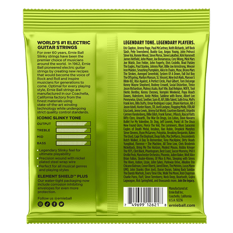The backside of a green pack of Ernie Ball guitar strings with product details on a white background