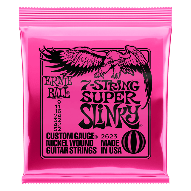 Pink packaging of Ernie Ball 7-string super slinky guitar strings with an eagle logo on a white background