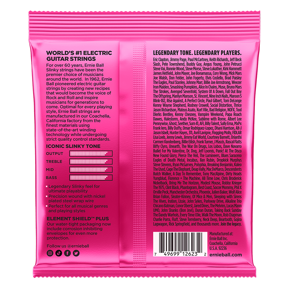 The backside of a pink package of Ernie Ball guitar strings with product details on a white background
