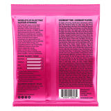 The backside of a pink package of Ernie Ball guitar strings with product details on a white background