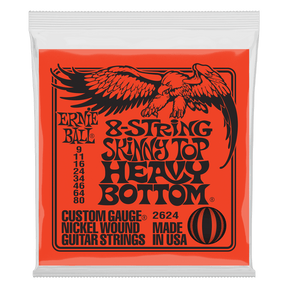 An orange package of Ernie Ball 8-string guitar strings on a white background