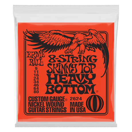 An orange package of Ernie Ball 8-string guitar strings on a white background