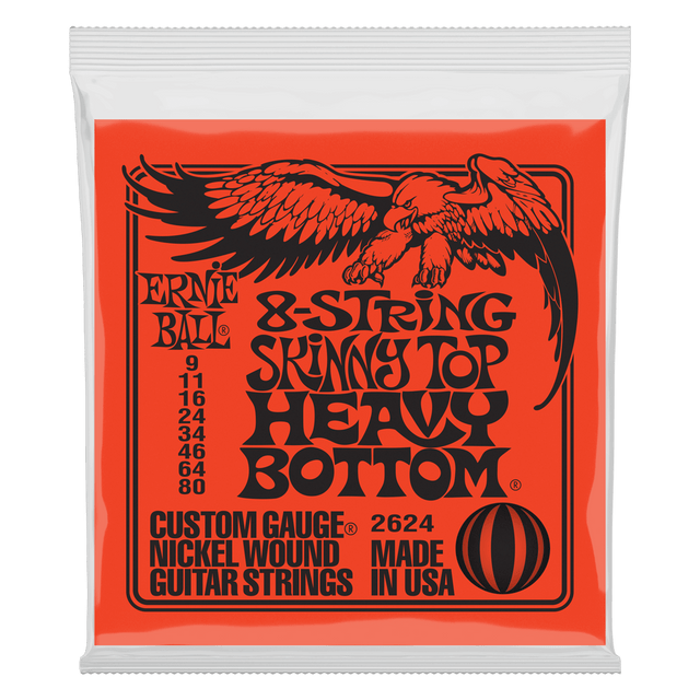An orange package of Ernie Ball 8-string guitar strings on a white background