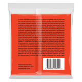 An orange package of Ernie Ball guitar strings with product details on a white background