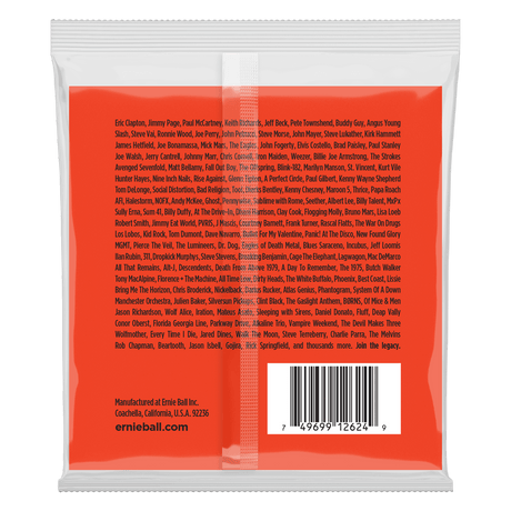 An orange package of Ernie Ball guitar strings with product details on a white background