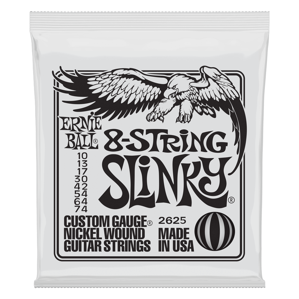 Ernie Ball 8-string slinky guitar strings packaging with an eagle logo on a white background