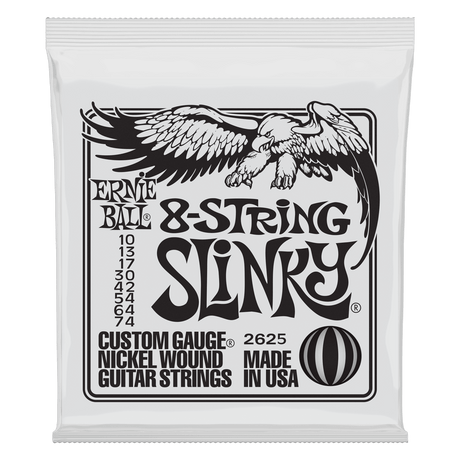 Ernie Ball 8-string slinky guitar strings packaging with an eagle logo on a white background