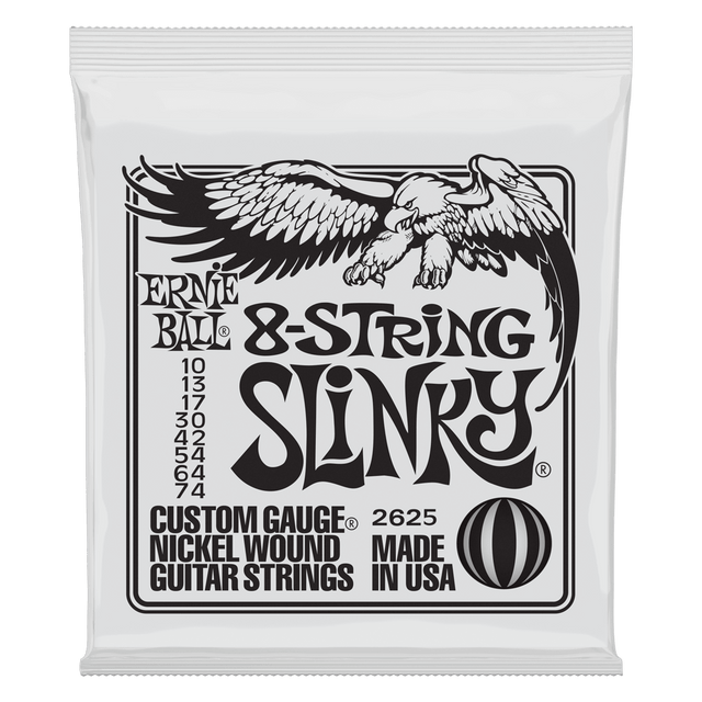 Ernie Ball 8-string slinky guitar strings packaging with an eagle logo on a white background