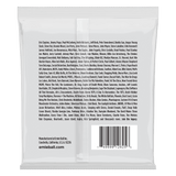 Back of a package of Ernie Ball guitar strings with product details on a white background