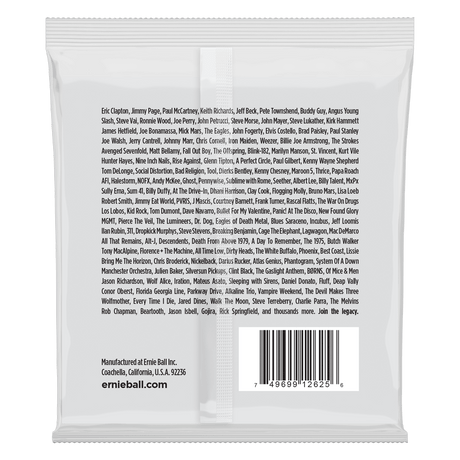 Back of a package of Ernie Ball guitar strings with product details on a white background