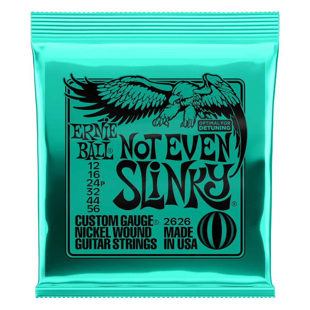 Ernie Ball Not Even Slinky guitar strings packaging with eagle logo on a white background