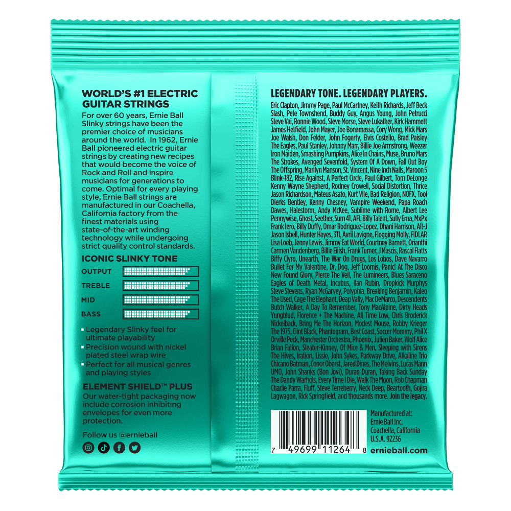 Backside of packaging for Ernie Ball guitar strings with product details on a white background