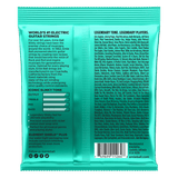Backside of packaging for Ernie Ball guitar strings with product details on a white background