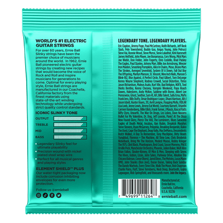 Backside of packaging for Ernie Ball guitar strings with product details on a white background