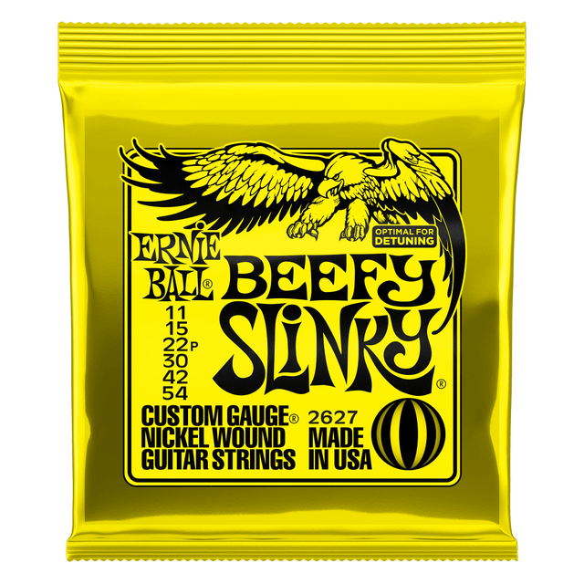 Ernie Ball Beefy Slinky guitar string packaging with yellow background and black text