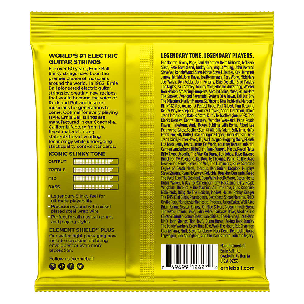 The back of yellow packaging for Ernie Ball guitar strings with product details on a white background