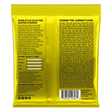 The back of yellow packaging for Ernie Ball guitar strings with product details on a white background