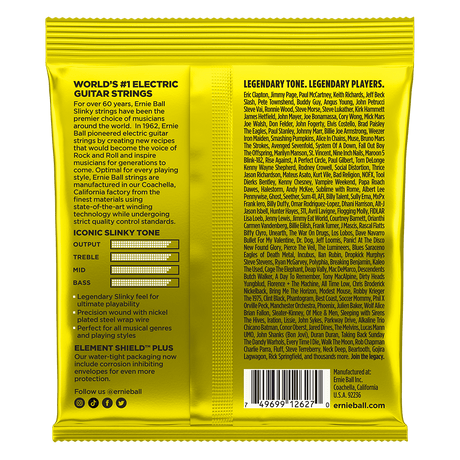 The back of yellow packaging for Ernie Ball guitar strings with product details on a white background