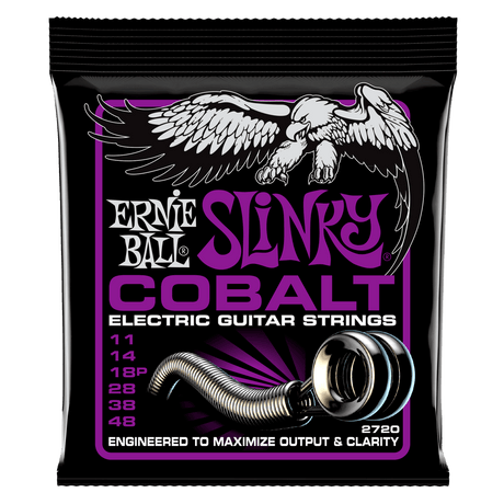 Ernie Ball Slinky Cobalt electric guitar strings packaging with an eagle illustration on a black background.
