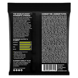 Ernie Ball guitar string packaging with product details and branding on a black background