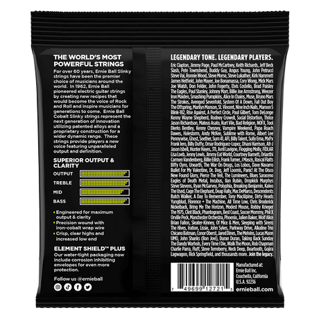 Ernie Ball guitar string packaging with product details and branding on a black background