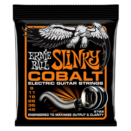 Ernie Ball Slinky Cobalt electric guitar strings packaging with an eagle illustration.