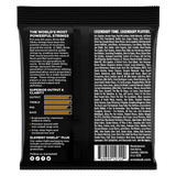 Back of a guitar string packaging with text and branding on a black background