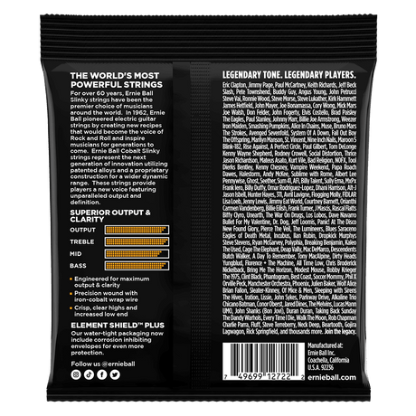 Back of a guitar string packaging with text and branding on a black background