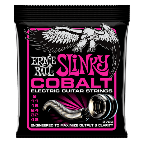 Ernie Ball Slinky Cobalt electric guitar strings packaging with an eagle illustration on a black background.