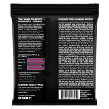 Ernie Ball guitar string packaging with text and graphics on a black background