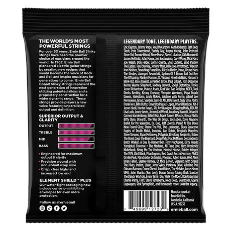 Ernie Ball guitar string packaging with text and graphics on a black background