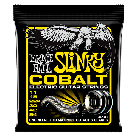 Ernie Ball Slinky Cobalt electric guitar strings packaging with an eagle illustration on a black background.