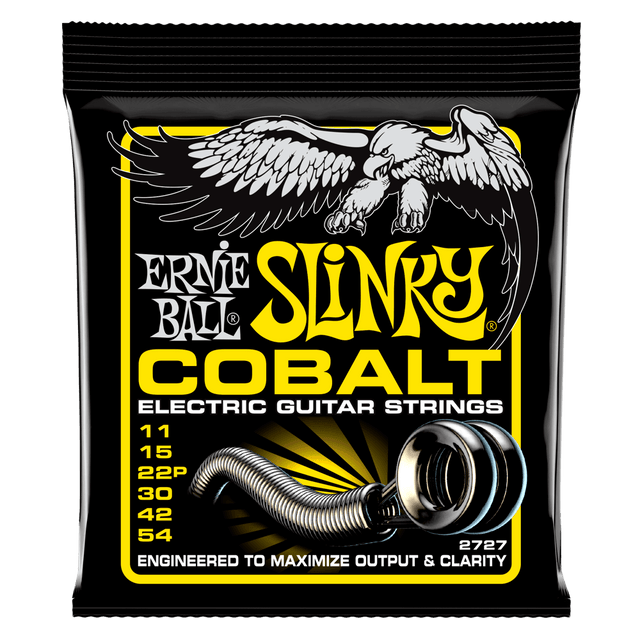 Ernie Ball Slinky Cobalt electric guitar strings packaging with an eagle illustration on a black background.