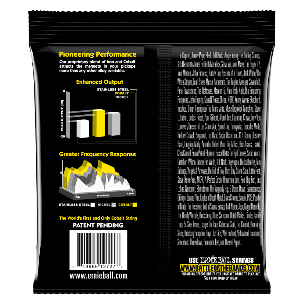 Back of a guitar string packaging with technical details and branding.