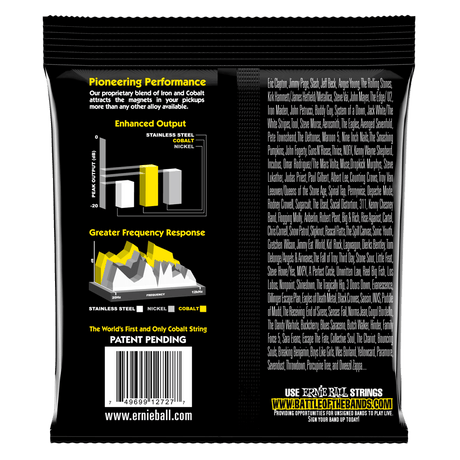 Back of a guitar string packaging with technical details and branding.