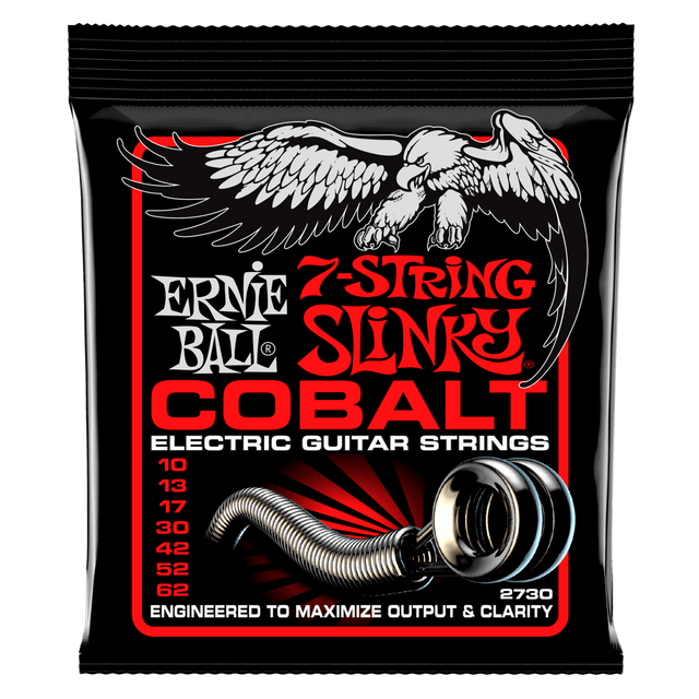 Ernie Ball 7-string slinky cobalt electric guitar strings packaging with eagle design.