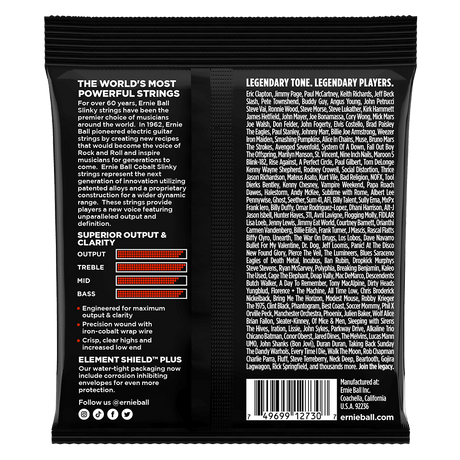 Ernie Ball guitar string packaging with text and branding on a black background