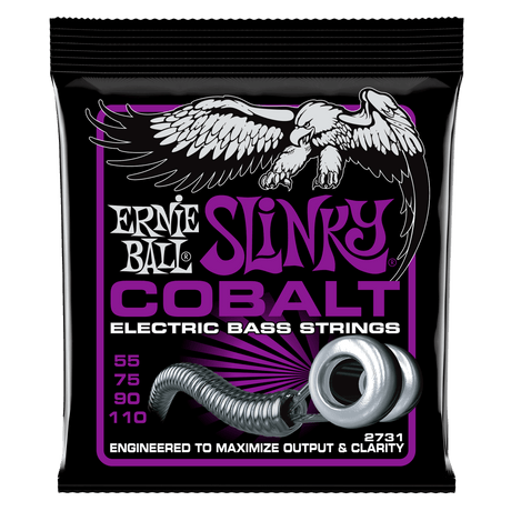A package of Ernie Ball Cobalt electric bass strings with a black background and white eagle artwork