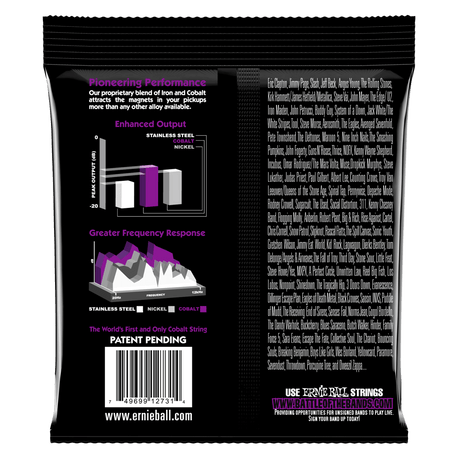 The backside of a a pack of Ernie Ball bass strings with a black background and product details
