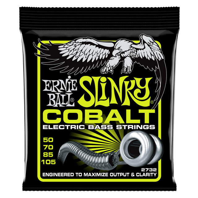 A package of Ernie Ball Cobalt Slinky electric bass guitar strings with eagle artwork on a black background