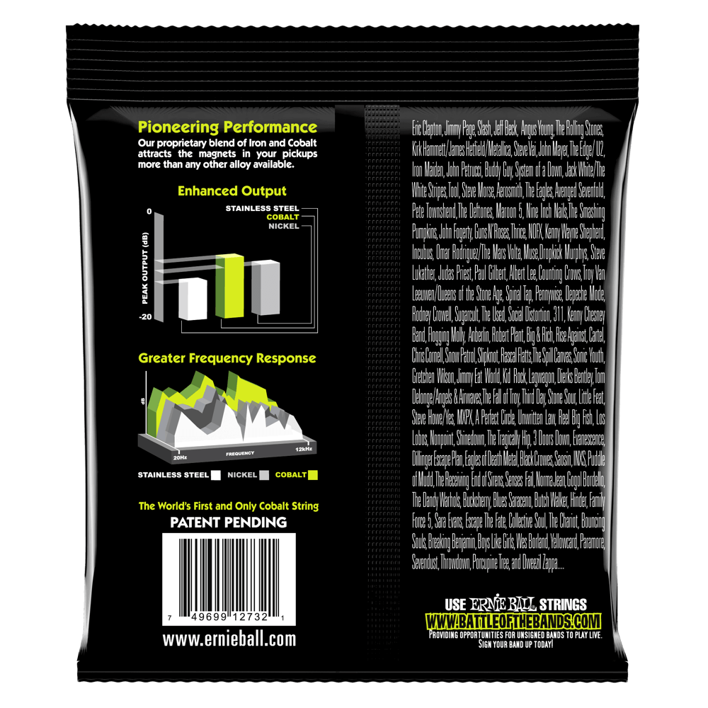 The backside of a package of Ernie Ball bass strings with product details in white on a black background