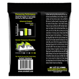 The backside of a package of Ernie Ball bass strings with product details in white on a black background
