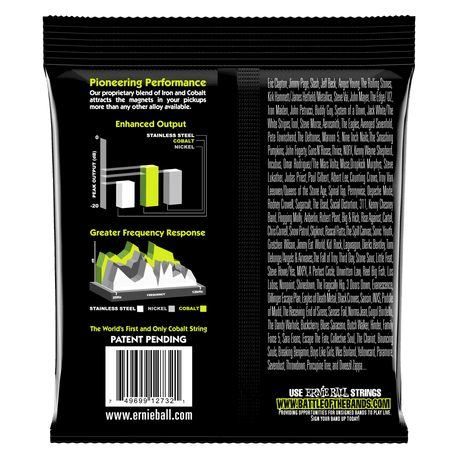 The backside of a package of Ernie Ball bass strings with product details in white on a black background