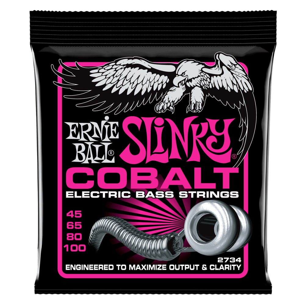 A package of Ernie Ball Cobalt Slinky electric bass strings with eagle artwork on a black background