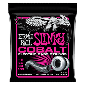 A package of Ernie Ball Cobalt Slinky electric bass strings with eagle artwork on a black background