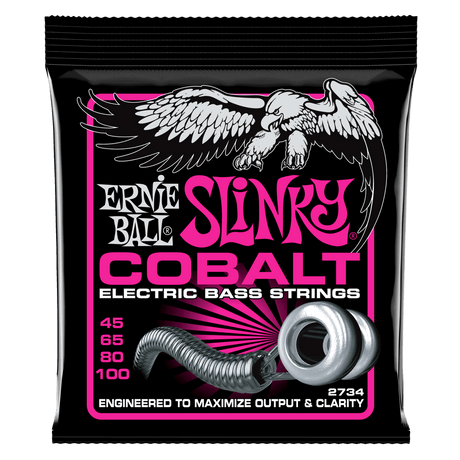 A package of Ernie Ball Cobalt Slinky electric bass strings with eagle artwork on a black background