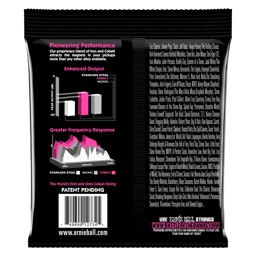 The backside of Ernie Ball bass strings with product details on a black background