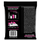 The backside of Ernie Ball bass strings with product details on a black background