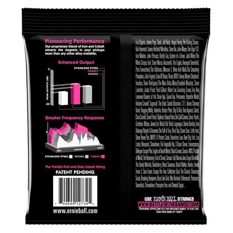 The backside of Ernie Ball bass strings with product details on a black background